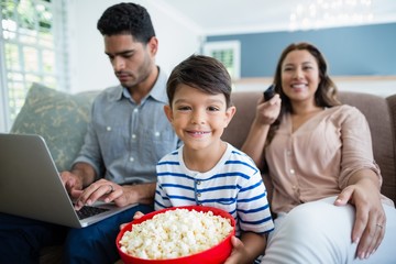 Poster - boy with mother watching television 