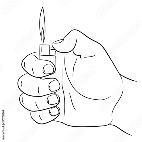 Hand holding a burning cigarette lighter of monochrome vector il Stock