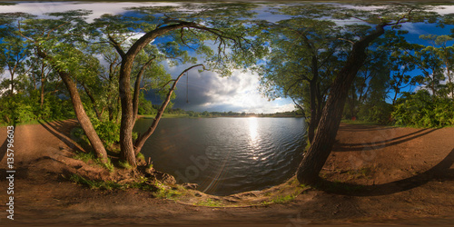 Poster Full 360 degree equirectangula panorama forest lake at sunset