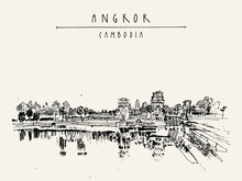 Angkor Wat, Cambodia. Hindu Temple Complex. The Largest Religious Monument In The World. Vintage Touristic Postcard, Grungy Artistic Hand Drawing