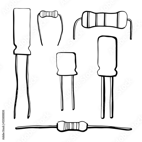 Set of electronic components resistor, electrolytic capacitor isolated
