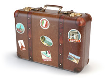 Retro Suitcase Beggage With Travel Stickers Isolated On White Ba