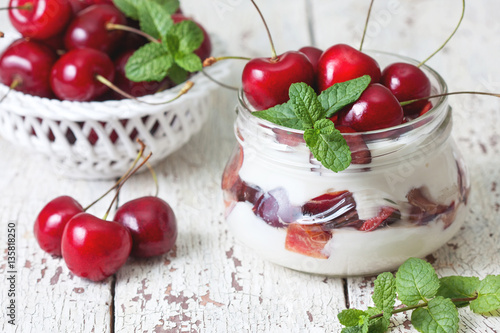 jogurt-ze-swiezymi-wisniami-oraz-mietowa-dekoracja