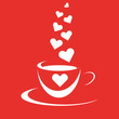 weisse Tasse mit Herz und Herz-Dampf auf rotem Hintergrund
