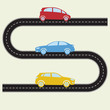 Road with cars. Vector illustration of winding road and colorful vehicles icons in flat design. Transportation and traffic infographics template.