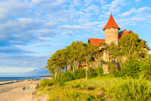 A View Of Leba Beach And Historic Hotel Building On Sand Dune, Baltic Sea, Poland