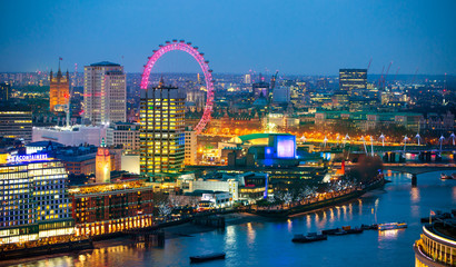 Sticker - London at sunset with lights and reflection. View at the Westminster aria, London eye, River Thames, embankment and London bridge