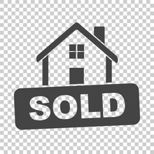 House With Sold Sign. Flat Vector Illustration On Isolated Background