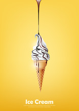 Milk Ice Cream In The Cone, Pour Chocolate Syrup, Transparent Vector