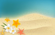 Summer background with frangipani flowers and starfishes