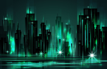 Wall Mural - Illuminated night city skyline , vector illustration