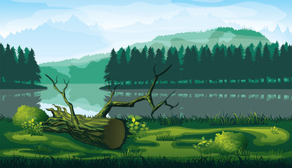 Wall Mural - Horizontal seamless background of landscape with river, forest and mountains.