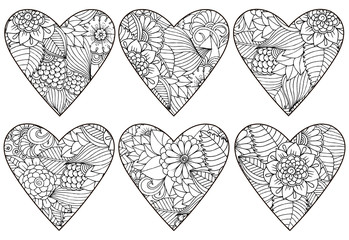 Vector set of hearts from floral pattern. Can use for invitation or celebration card and coloring book too