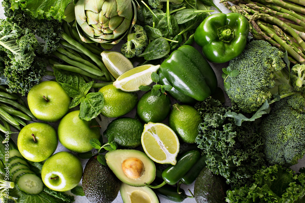 Variety of green vegetables and fruits - obrazy, fototapety, plakaty 