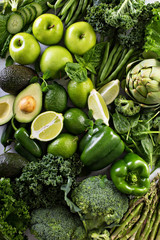 Variety of green vegetables and fruits