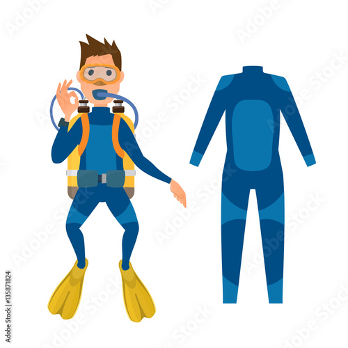 Diving suit scuba underwater equipment vector illustration. Stock