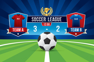 Wall Mural - Vector of soccer league with team competition and scoreboard on green field background.