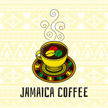 Jamaica Coffee Illustration. Travel Flyer, Gift Shop Or Tourism Banner Concept In Ethnic Boho Style In Jamaican Color.