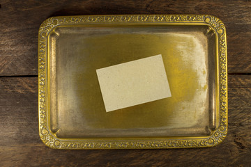Wall Mural - Business card on vintage tray, blank for copyspace