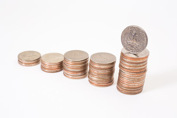 Selective focus of stack of US. dollar coins