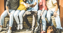 Group Of Multiculture Friends Using Smartphone On Urban Background - Technology Addiction Concept In Youth Lifestyle Disinterested To Each Other - Always Connected People On Modern Mobile Smart Phones
