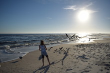 Girl On Beach Feeding Seaguls