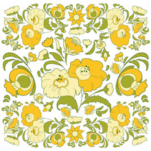Floral Background With Painted Flowers In Folk Style, Russian, Gypsy, Hungarian Folkart Yellow And Green Color