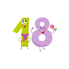 Wall Mural - Cute and funny colorful 18 number characters, cartoon vector illustration isolated on white background. eighteen smiling characters, birthday greetings, anniversary