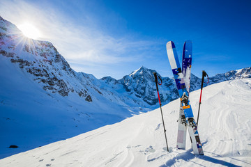Leinwandbilder - Ski in winter season, mountains and ski touring backcountry equi