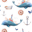 Watercolor creative whale seamless pattern. Hand painted fantasy texture with blue sea whale, lighthouse, anchor, plants, wheel, old boat, stones on white background. Vintage style nautical wallpaper