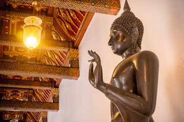 Buddha copper Statue in Buddhism church at Wat Benchamabophit temple in Bangkok ,Thailand