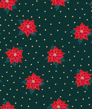 Seamless Christmas Background With Red Poinsettias And Gold Beads. Vector Illustration. Floral Fabric Design.
