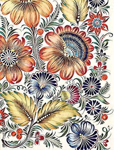 Naklejka ścienna Petrikovka`s painting. Colorful painting flower with leaves. Traditional Ukrainian painting.