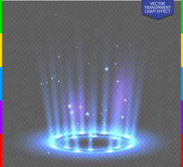 Round blue glow rays night scene with sparks on transparent background. Empty light effect podium. Disco club dance floor. Show party. Beam stage. Magic fantasy portal. Futuristic teleport