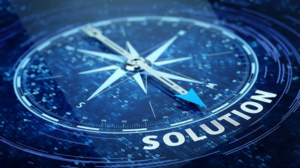 business solution concept - compass needle pointing solution word. 3d rendering