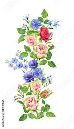 Floral Vertical Border Pink Red Blue Flowers Bouquet Of Roses And Poppy Green Leaves On White Background Hand Draw Watercolor Painting Botanical Illustration Vintage Buy This Stock Illustration And Explore Similar