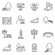 City Park Icons Set. The Open Plot Of Land For Recreation, Thin Line Design. Isolated Symbols Collection