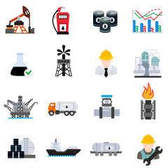 Wall Mural - Oil icons set. Petroleum-producing, flat design. Processing and transportation resources, symbols collection.