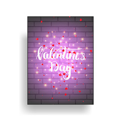 Wall Mural - Valentines Day greeting card with shiny lights, heart petals and calligraphy.