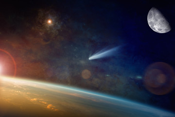 Wall Mural - bright comet approaching to planet earth in space