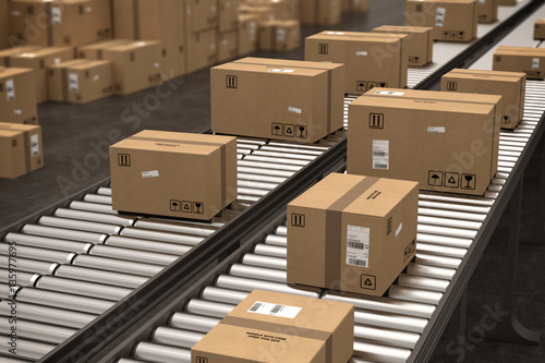 Fotomural Boxes on conveyor roller. 3D Rendering