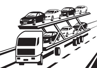 Car transporter truck on highway - vector illustration