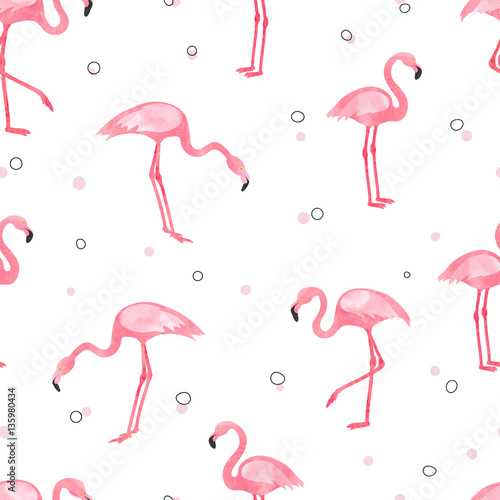 Watercolor pink Flamingo seamless pattern. Vector background design with flamingos for wallpaper, fabric, textile.