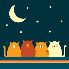 Vector Retro Styled Illustration Of Four Cats Singing Under The Moon. Square Format. Dark Background.