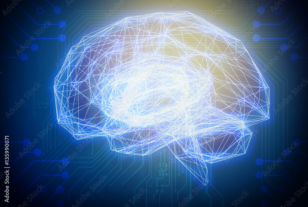 Machine learning , artificial intelligence , ai , deep learning and future concept. Wireframe Brain connect with circuit electronic graphic and binary code abstract background.Blue tone - obrazy, fototapety, plakaty 