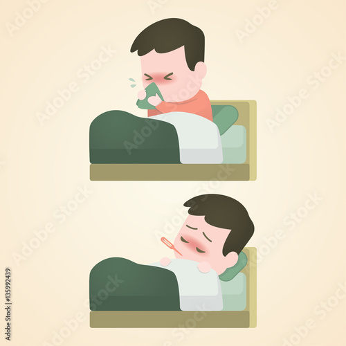 Fotografia Sick child boy lying in bed with a thermometer in mouth and sneeze with fever, v