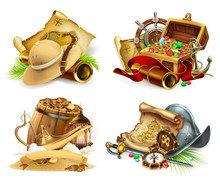 Treasure Hunt And Adventure, Game Logo. 3d Vector Icon Set