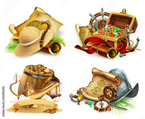 Treasure hunt and adventure, game logo. 3d vector icon set