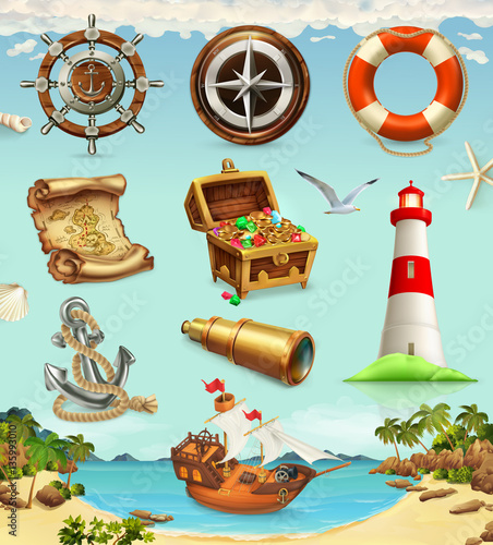Marine set, summer vacation 3d vector icons