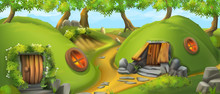 Fairy Tale Village. Leprechaun House. Nature Landscape Vector Illustration